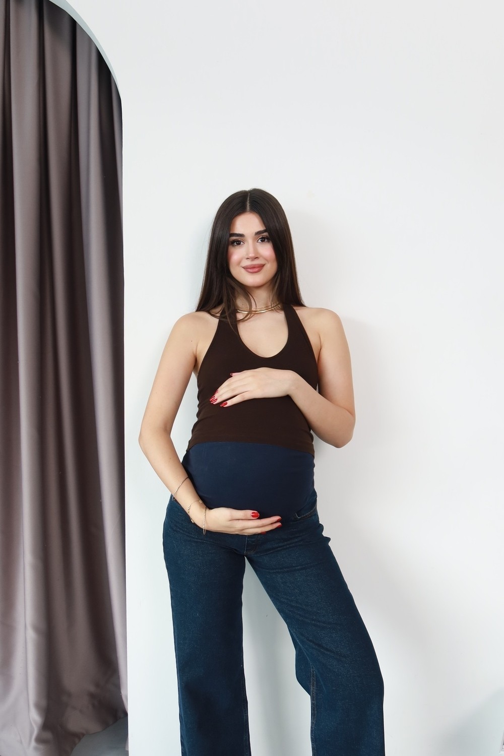 Bqess Hamile Karnı Saran Esnek Bantlı Koyu Mavi Bol Paça Jean Pantolon görsel 6