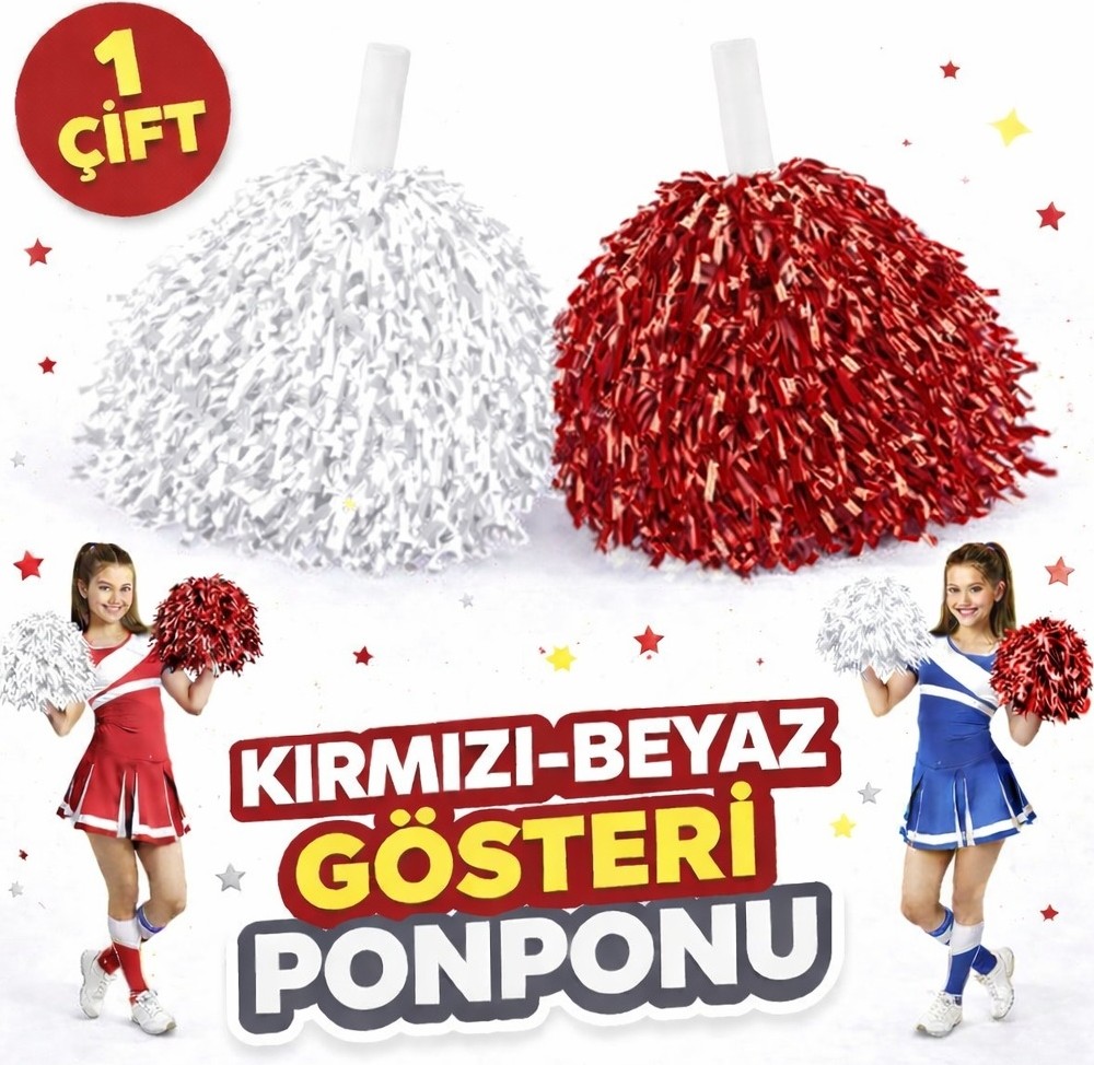 Die Grup 1 Çift ( 2 Adet ) Kırmızı-Beyaz Renk 23 Nisan 19 Mayıs 29 Ekim Okul Gösteri Ponponları Ekstra Dolgun