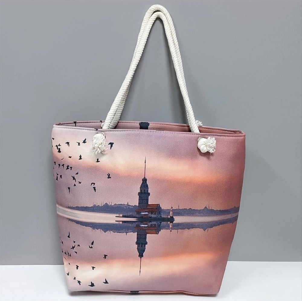 Pileli Store Galata Kulesi Desenli Plaj Çantası