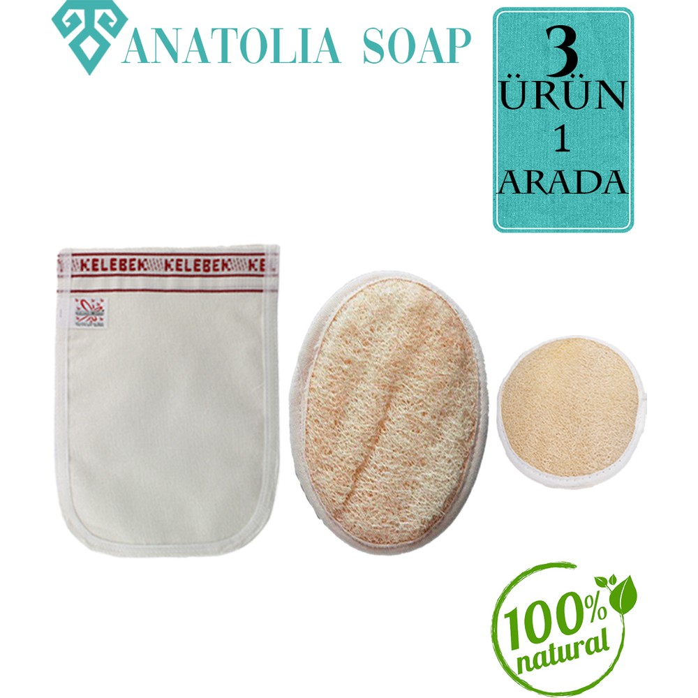 Anatolia Soap Kabak Vücut Kabak Yüz Kelebek Kalın Kese Set 3'lü Doğal Malzeme ile Kimyasal İçermez