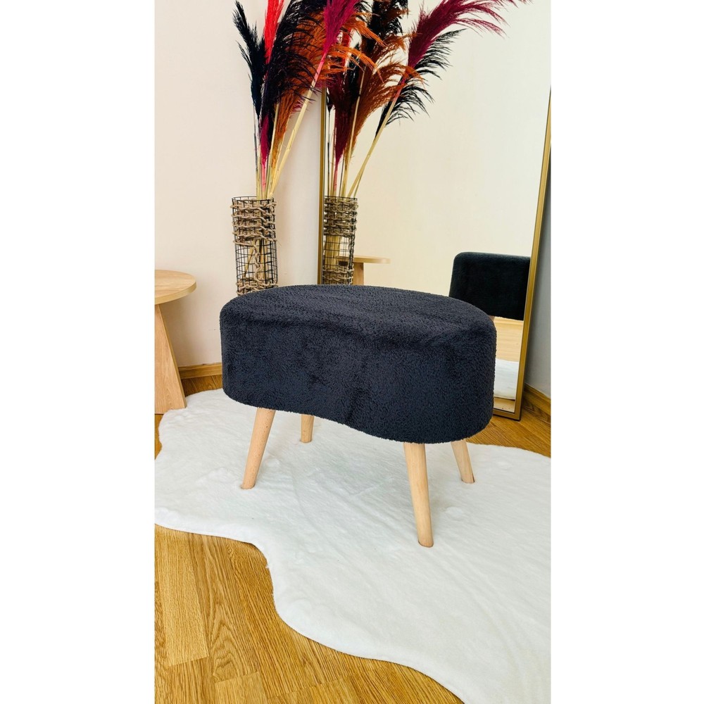 Bounteous Fasulye Model Ahşap Ayaklı Teddy Kumaş Dekoratif Puf Bench Füme