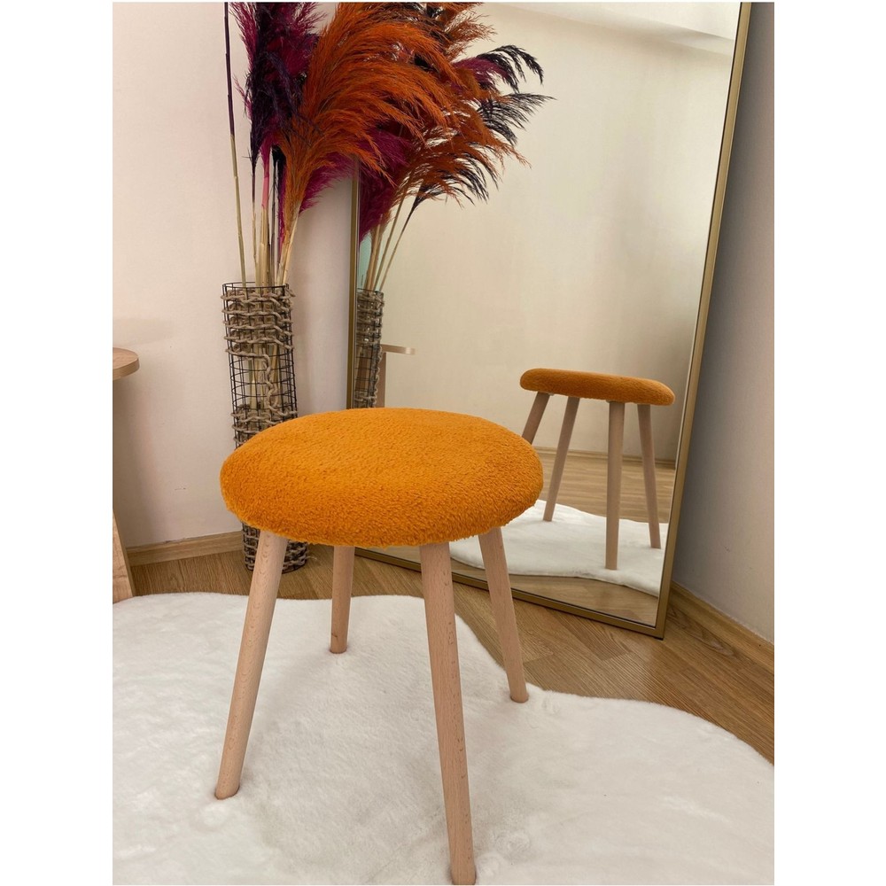 Bounteous Ahşap Ayak Dekoratif Peluş Puf Tabure