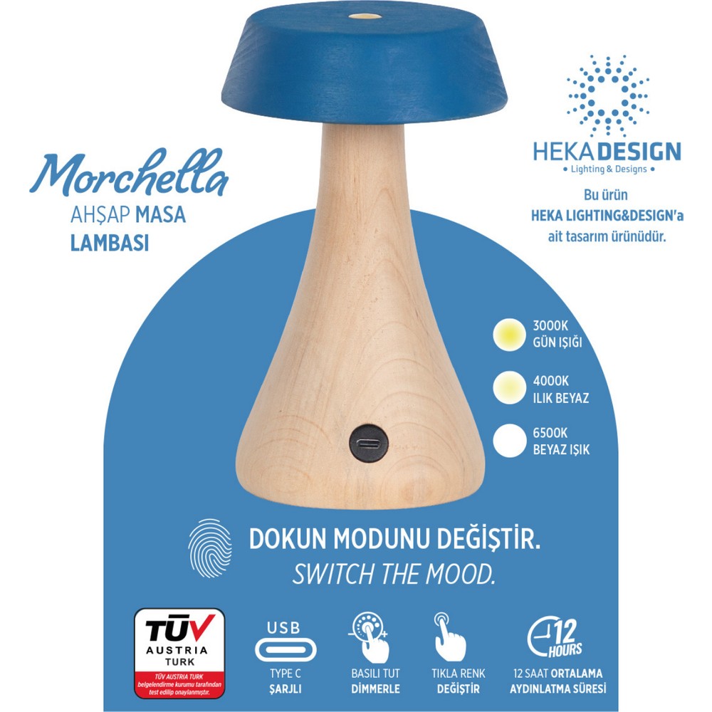 Heka Morchella Şarjlı Mavi Masa Lambası