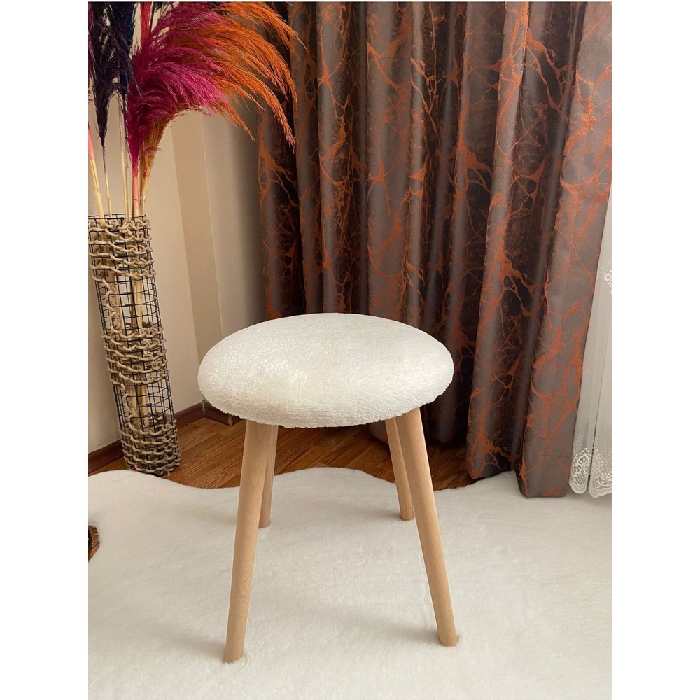 Bounteous Ahşap Ayak Dekoratif Peluş Puf Tabure Beyaz