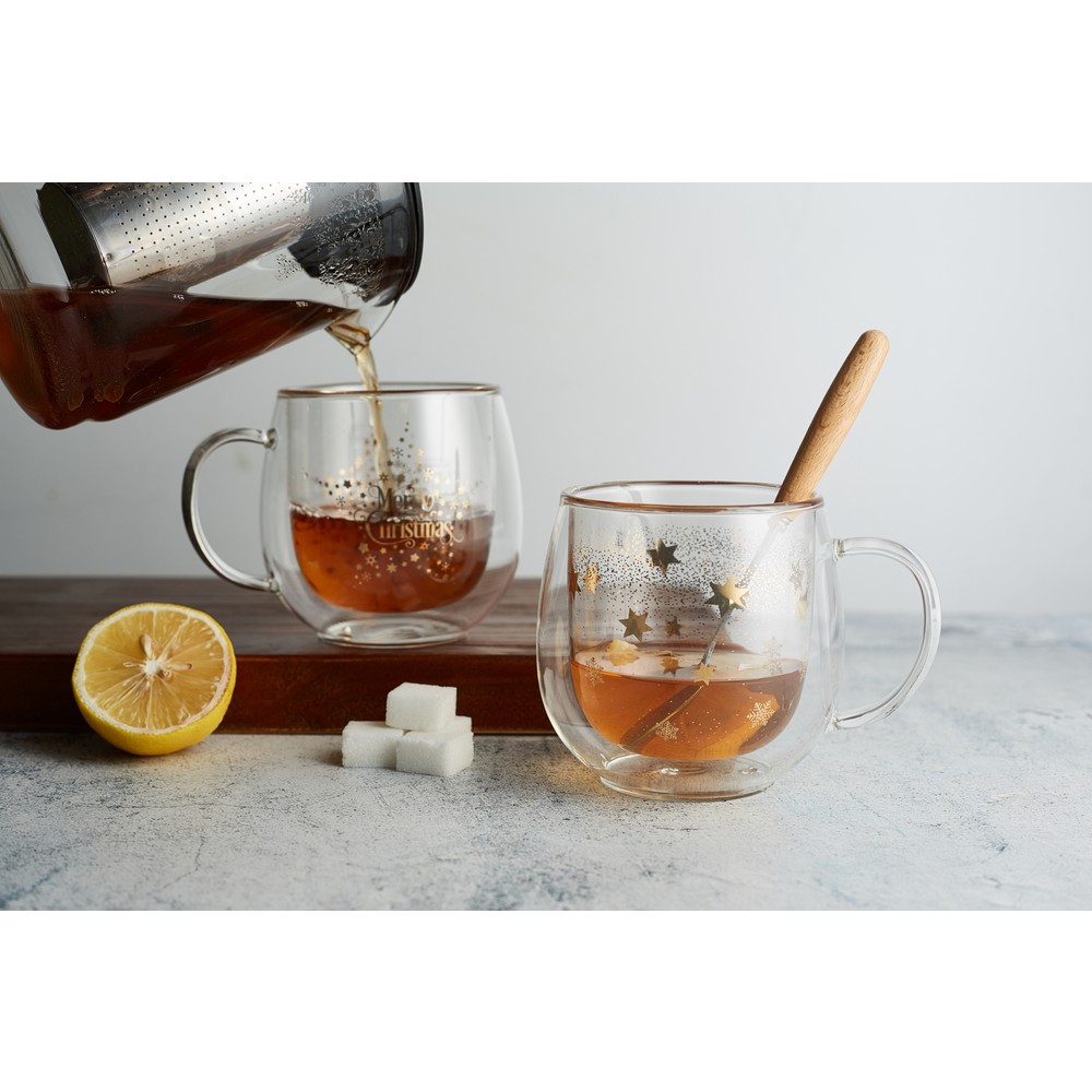 Linan Ware 2'li Çift Cidarlı Cam Bardak Hediyelik Kupa 300 ml Şeffaf Yıldız Desenli