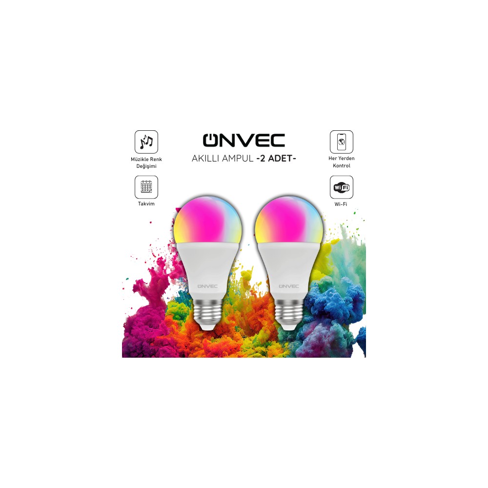 Onvec 9W RGB LED Ampul E-27 Duy Tipi Akıllı Aydınlatma 2 Adet Renk Sıcaklığı Ayarlanabilir 2gen Tuya Wifi+Bluetooth Destekli