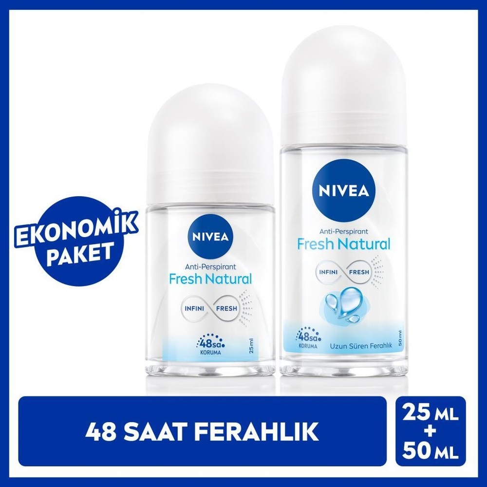 Nivea Kadın Roll-On Deodorant Fresh Natural 50 ml ve Mini Roll-On Fresh Natural 25 ml, 48 Saat Koruma