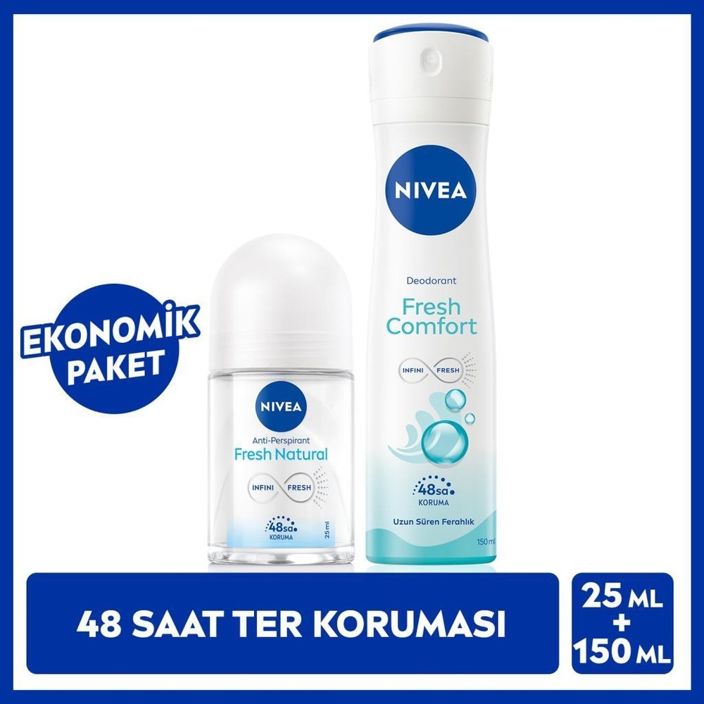 Nivea Kadın Sprey Deodorant Fresh Comfort 150ML ve Mini Roll-On Fresh Natural 25ML, Ter Karşıtı Koruma