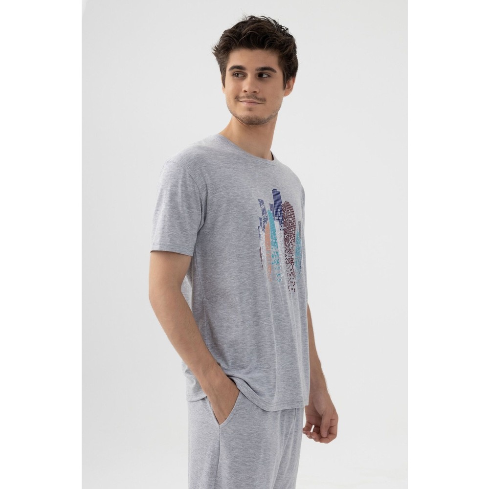 Erkek Gri Melanj Baskılı Şortlu Pijama Takımı