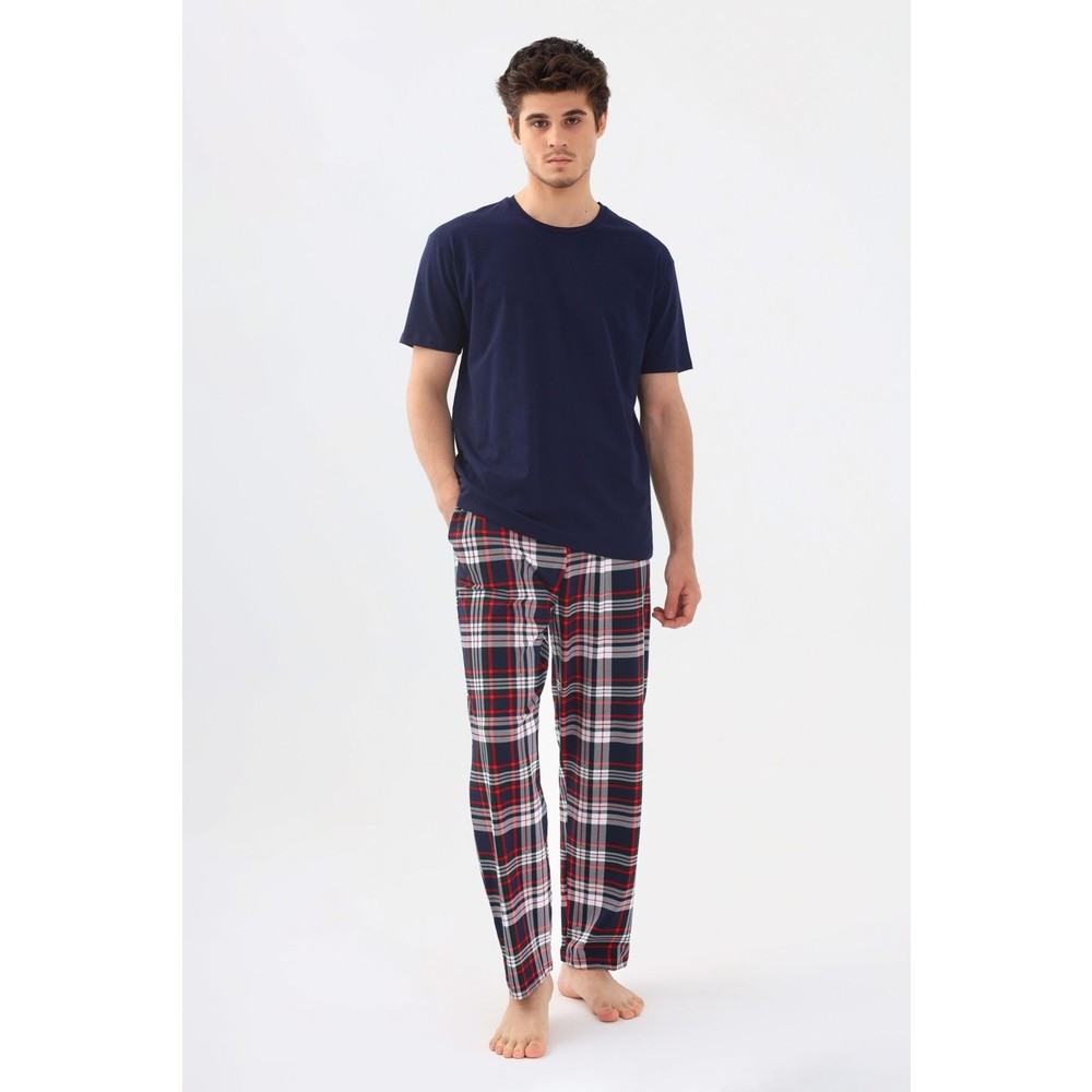 Erkek Kısa Kollu Ekose Desenli Pamuklu Pijama Takımı
