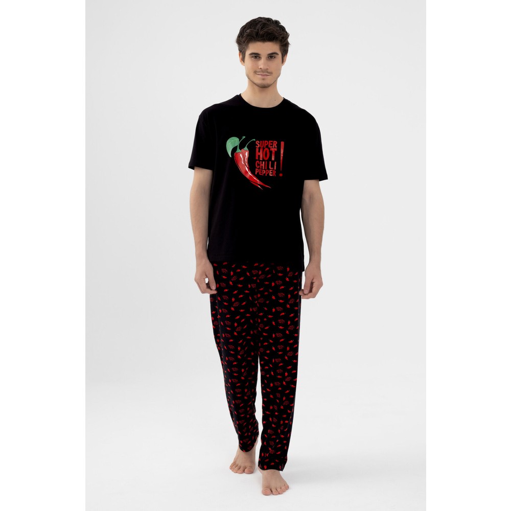 Koza İç Giyim Erkek Pamuklu Kısa Kollu Chilli Baskılı Cep Detaylı Pijama Takımı