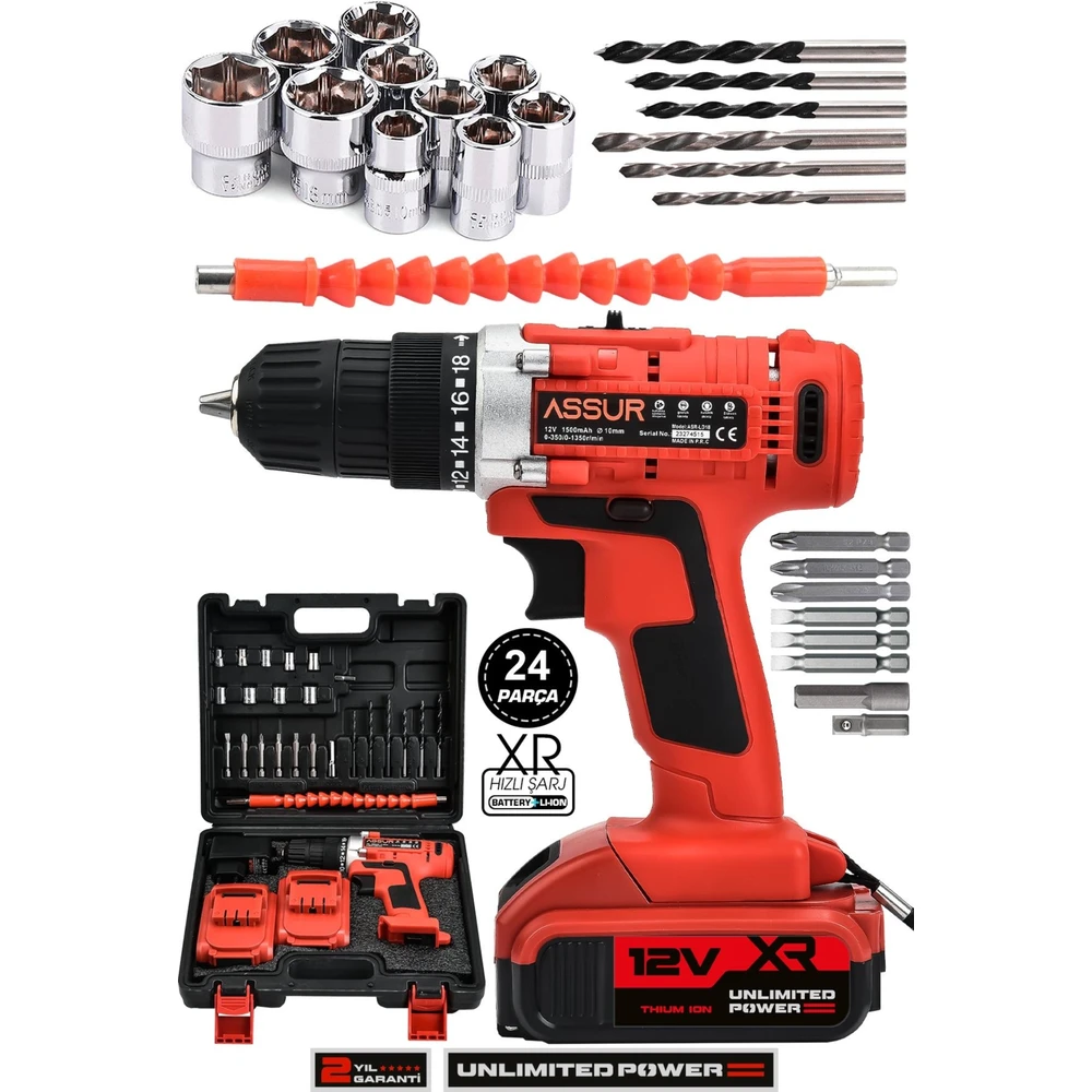 ASSUR 12V Çift Akü Şarjlı Matkap Metal Şanzıman Akülü Vidalama