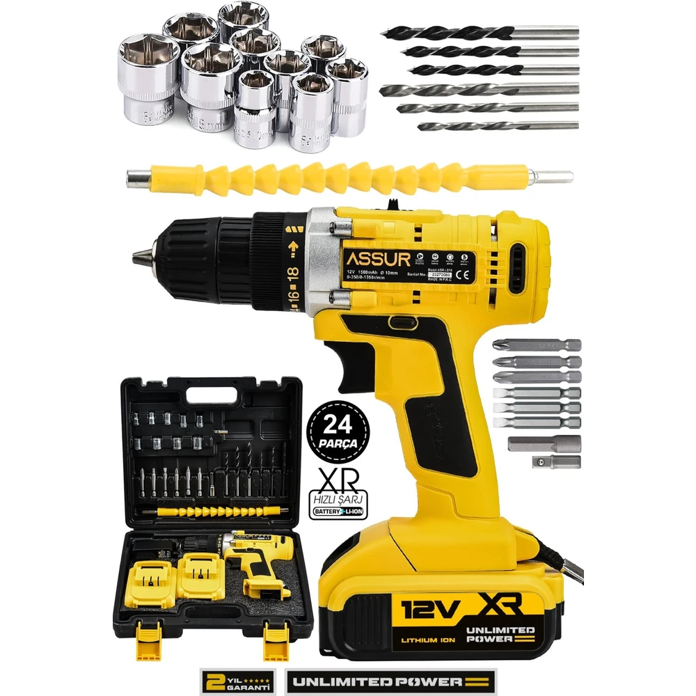 ASSUR 12V Metal Şanzıman Çift Akülü Bakır Sargı Şarjlı Matkap Akülü Vidalama