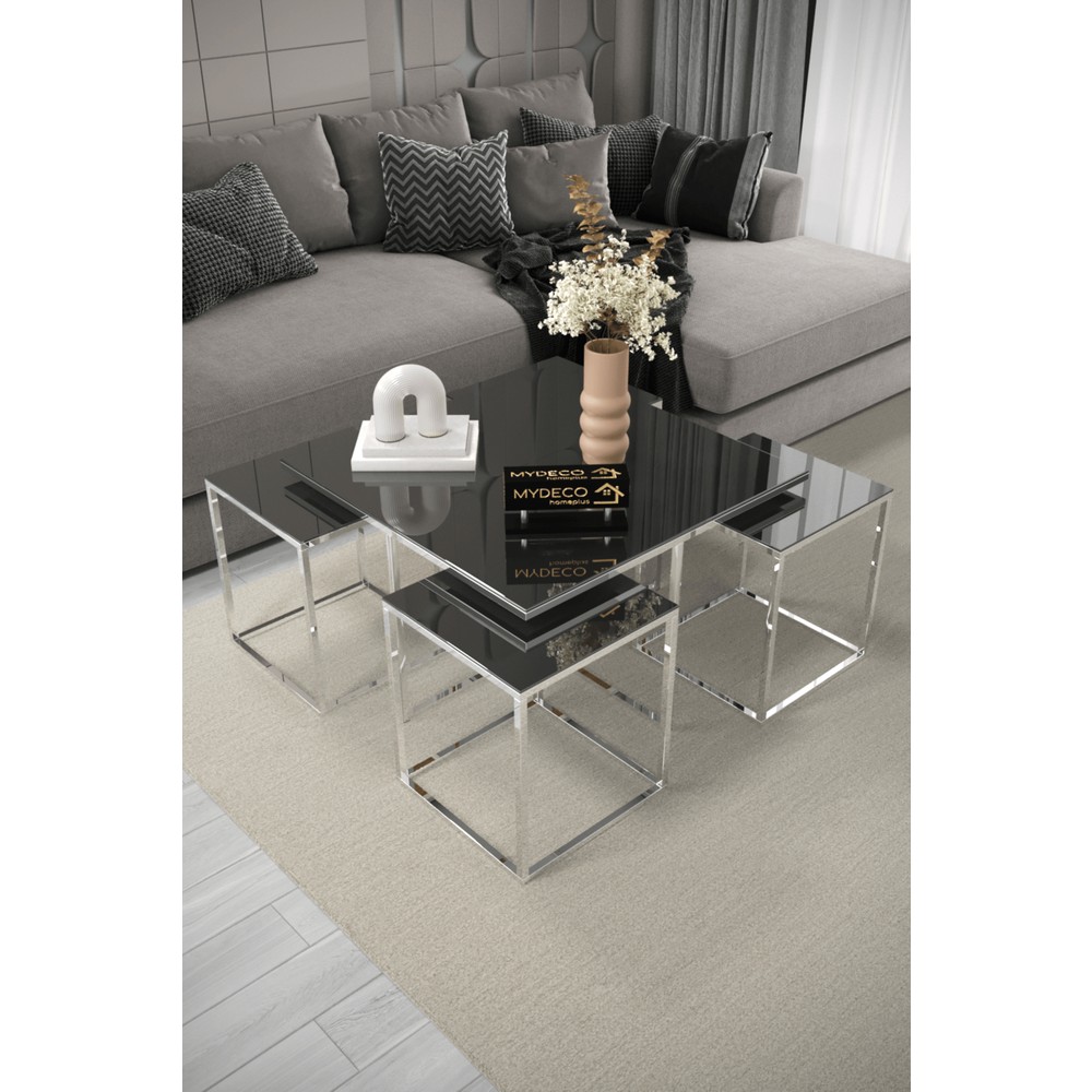 Zeytun Metal Kare Pizza Orta Sehpa Füme Aynalı Krom Ayaklı Modern Tasarım 75x75 cm