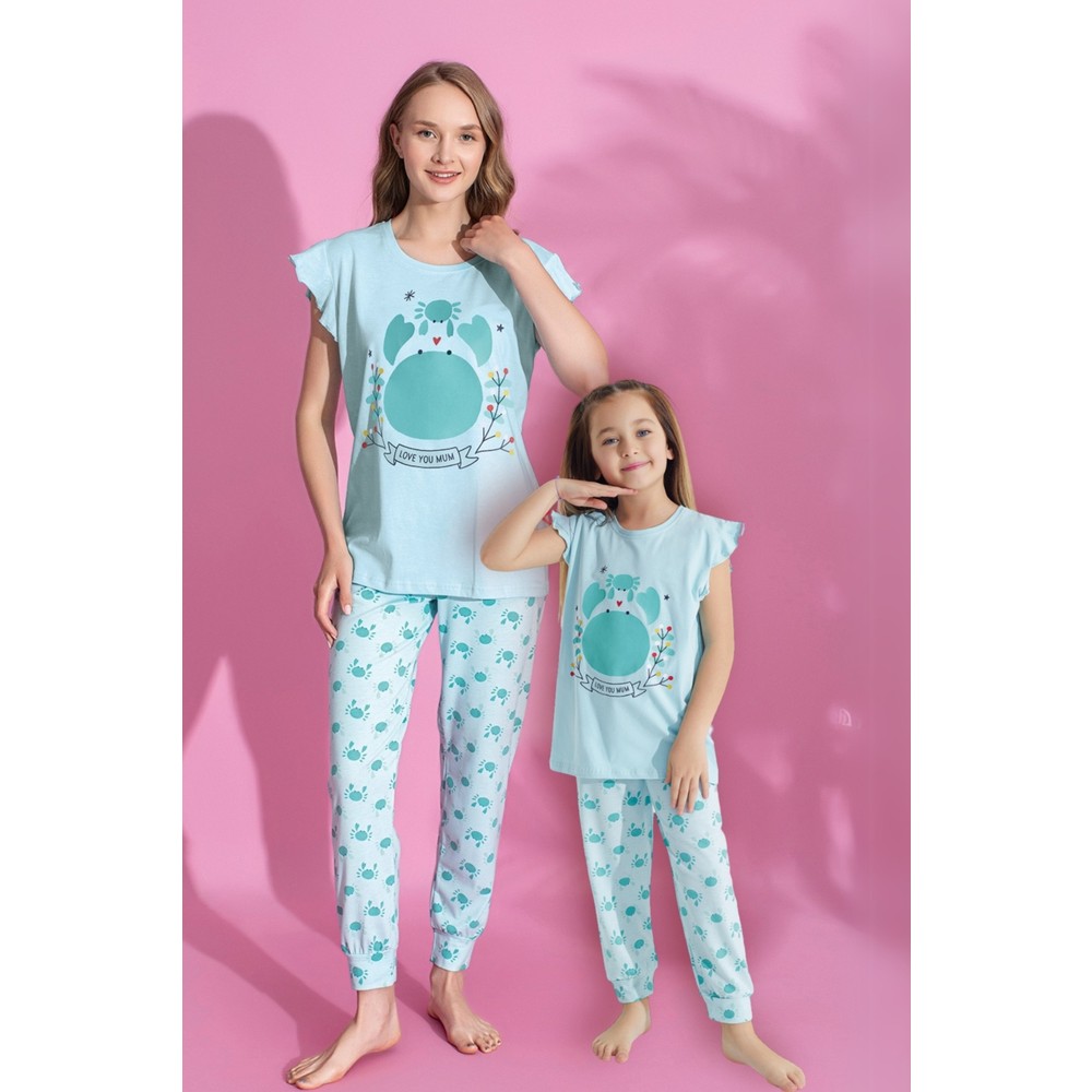 Anne Kız Kombin Desenli Viskon Fırfır Kollu Pijama Takımı (Anne Kız Ayrı Satılır)