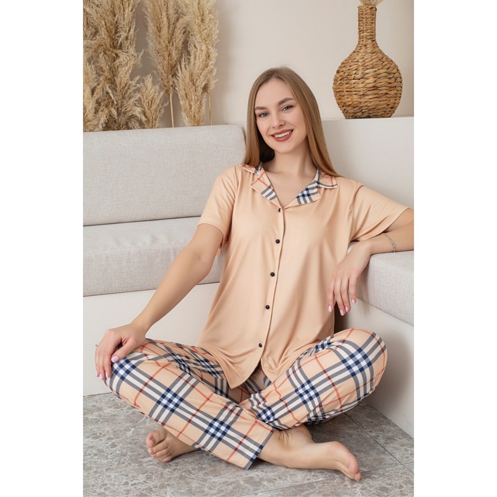 Dreamy Milan Kısa Kollu Ekose Kareli Düğmeli Gömlek Pijama Takımı