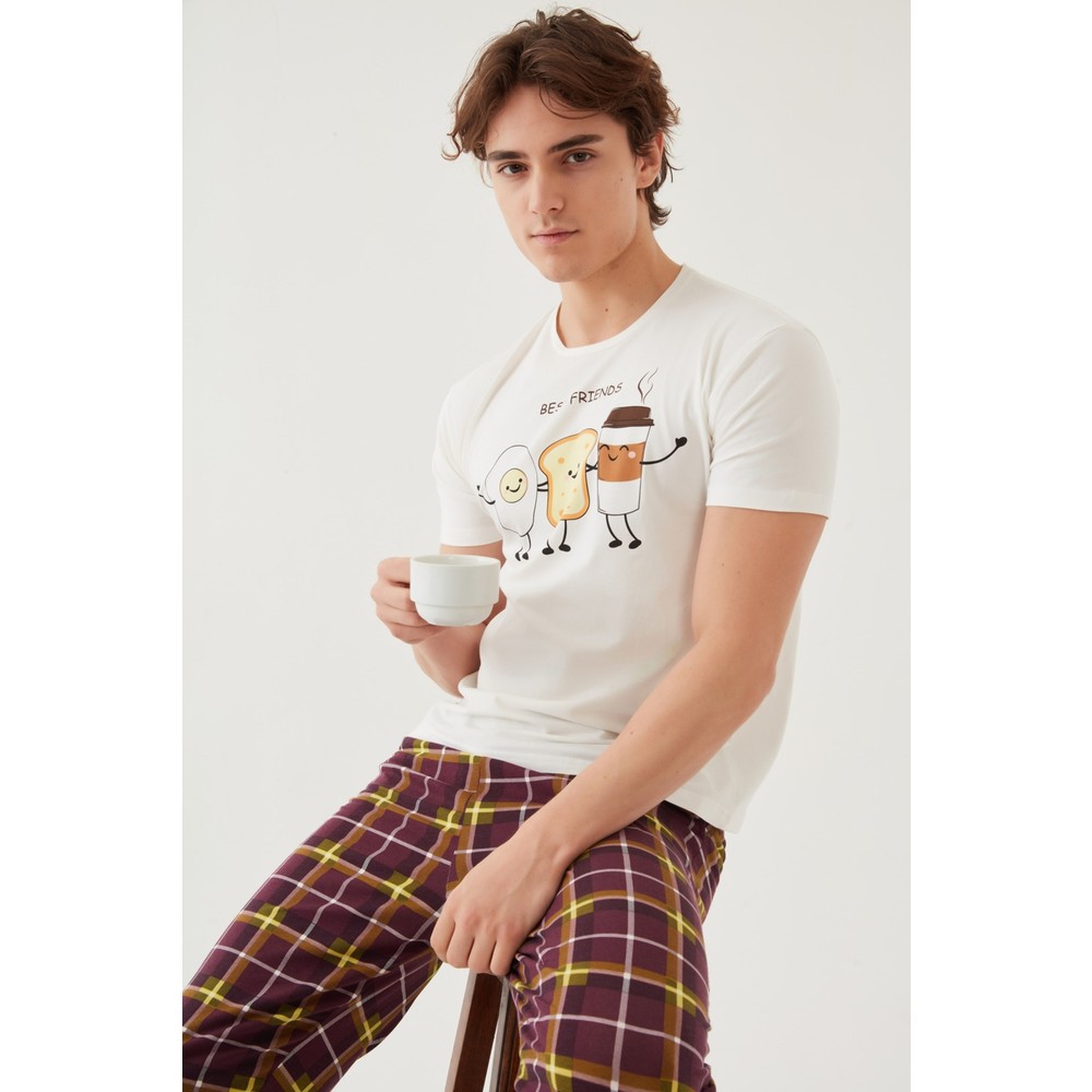 Koza İç Giyim Erkek Kısa Kollu Pamuklu Ekose Desenli Breakfast Baskılı Pijama Takımı