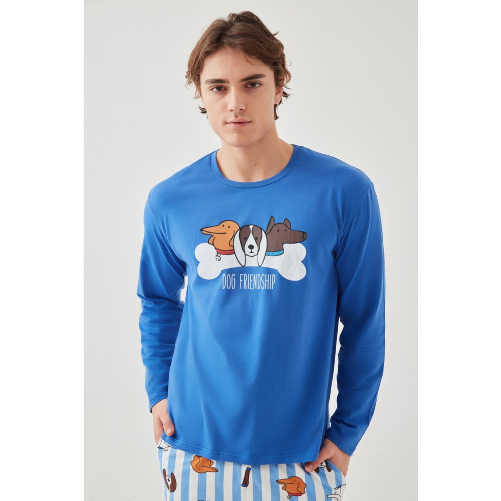 Koza İç Giyim Erkek Pamuklu Uzun Kollu Pijama Takımı Alt Desenli Beyaz - Saks Renk Seçeneği