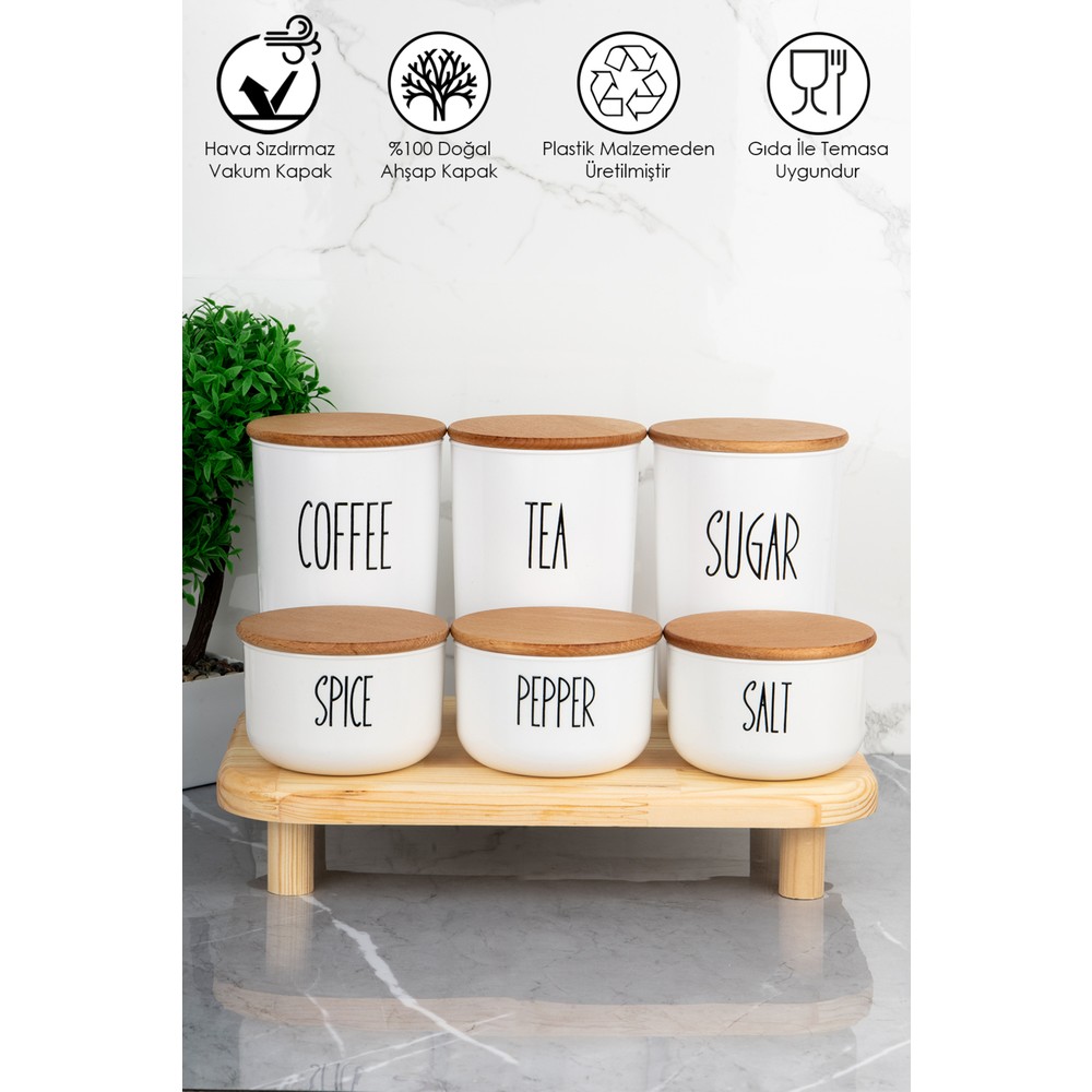 3'lü 900ML  Ahşap Kapaklı Vakumlu Akrilik(PLASTİK) Çay/Kahve/Şeker ve 3'lü 400ML Tuz/Biber/Baharatlık(Ahşap Stantlı)