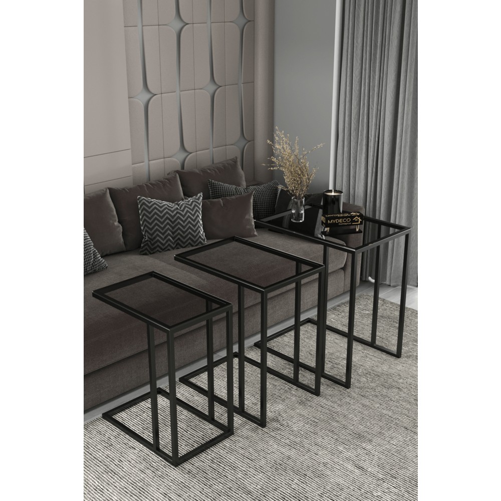 Home Plus Mobilya 3'lü Yan Sehpa Şeffaf Füme Camlı Metal Malzemeden Üretilmiş 55 cm Derinlik