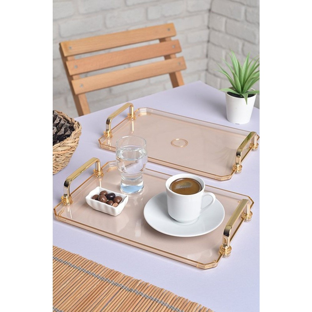 Gold Kulplu Türk Kahvesi Sunum Tepsisi | 2'li Şık Set 25X17CM