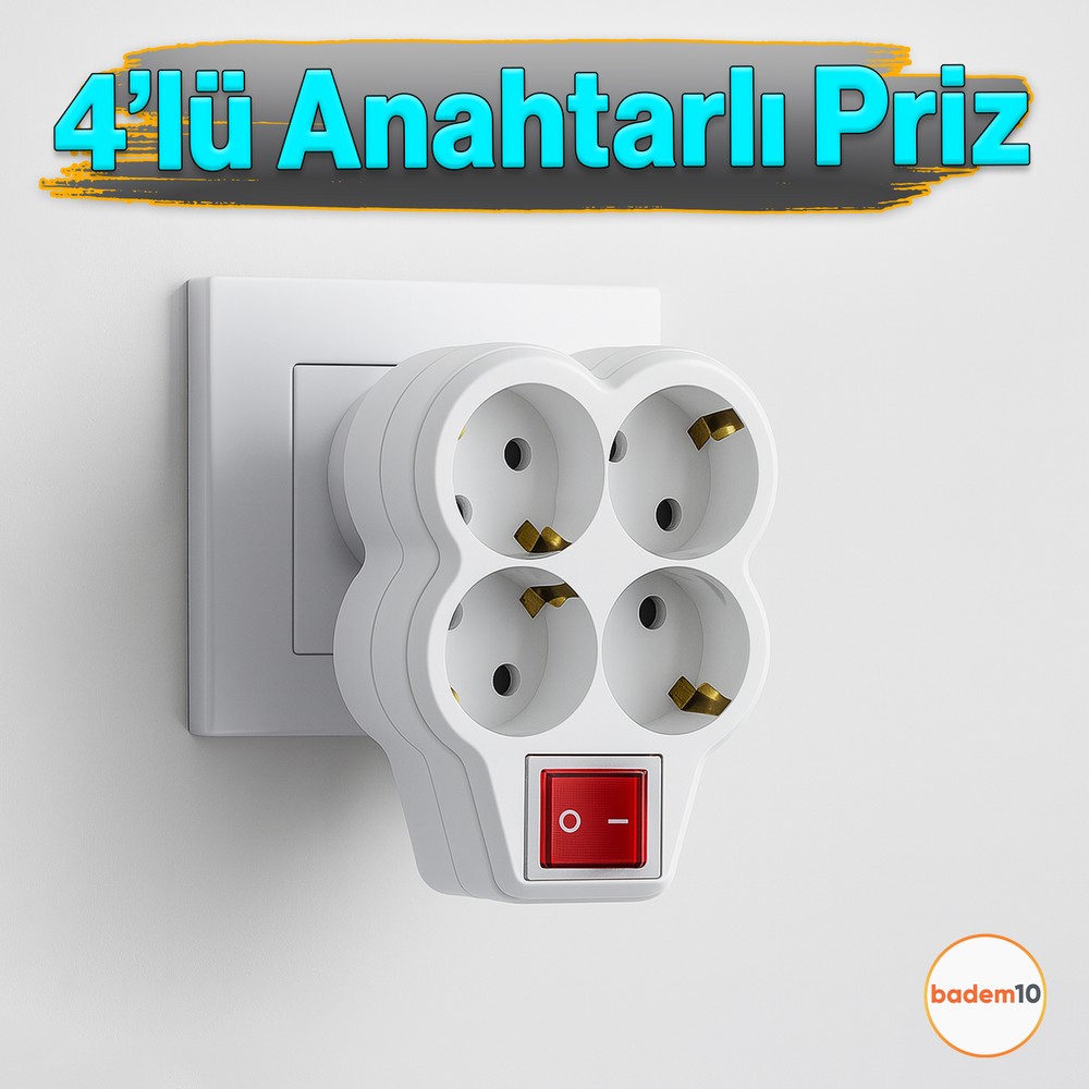 4'lü Beyaz Grup Priz Golyat Düğmeli Fiş Kablosuz Açma Kapamalı Anahtarlı Topraklı Çoklu Çoğaltıcı