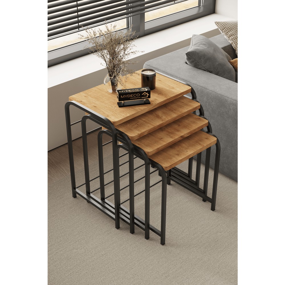 Home Plus Mobilya Defne 4' lü Zigon Sehpa Siyah Ayak Modern Tasarım Atlantik Çam 18 mm MDF 50x33 cm