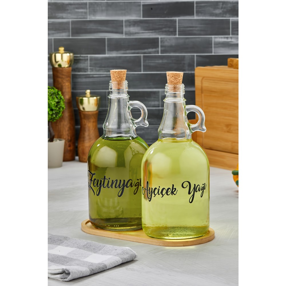 2'li Mantar Tıpalı, Standlı 1000 ml Cam Yağdanlık Ayçiçek Yağı/zeytin Yağı Şişesi(Transfer Etiketli)