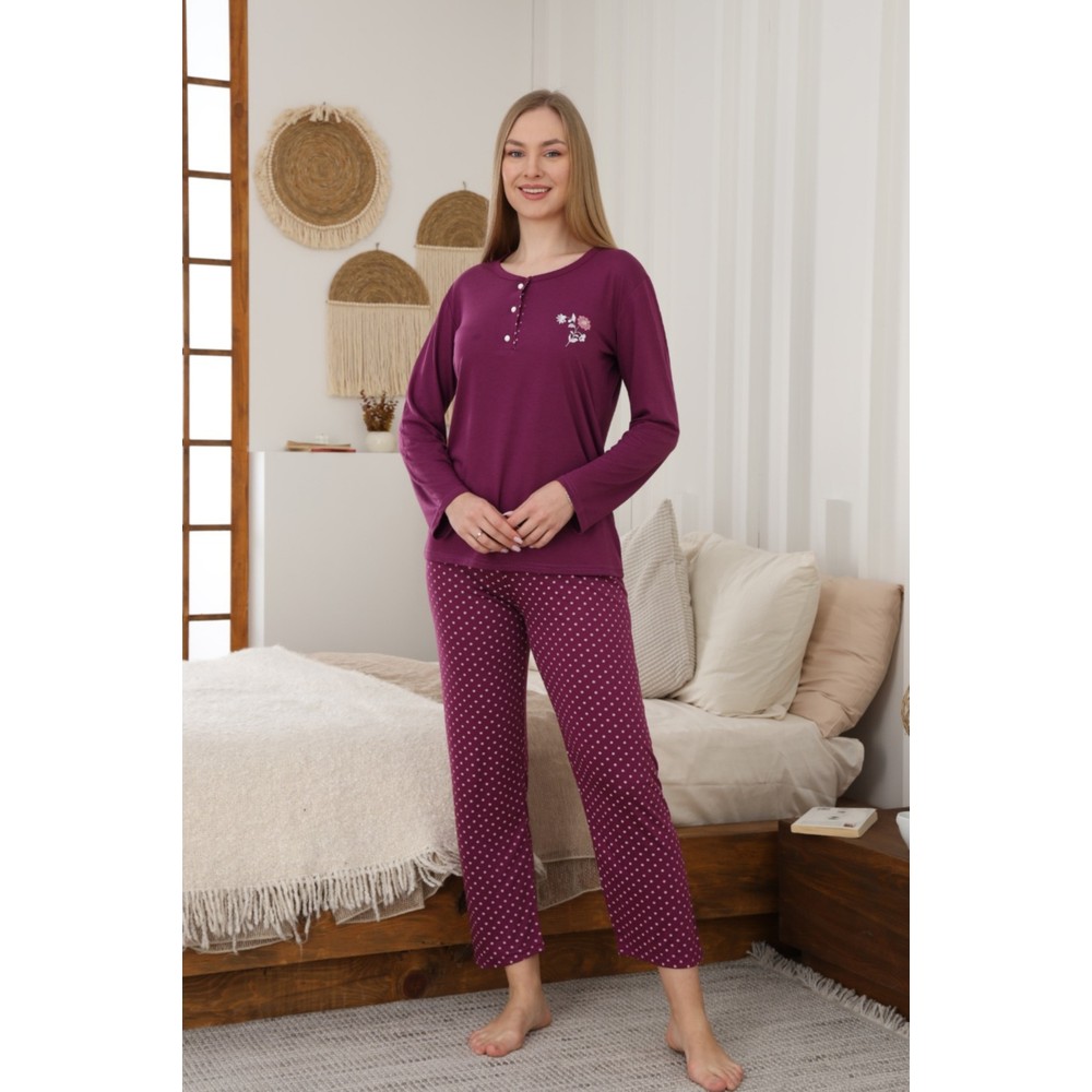 Farya Home Kadın Uzun Kollu Puantiyeli Düğmeli Yaka Pijama Takımı Yumuşak ve Esnek