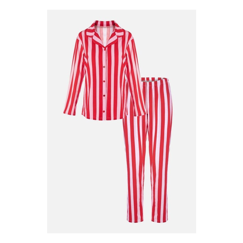 Kadın Çizgili Gömlek Yakalı Pijama Takımı
