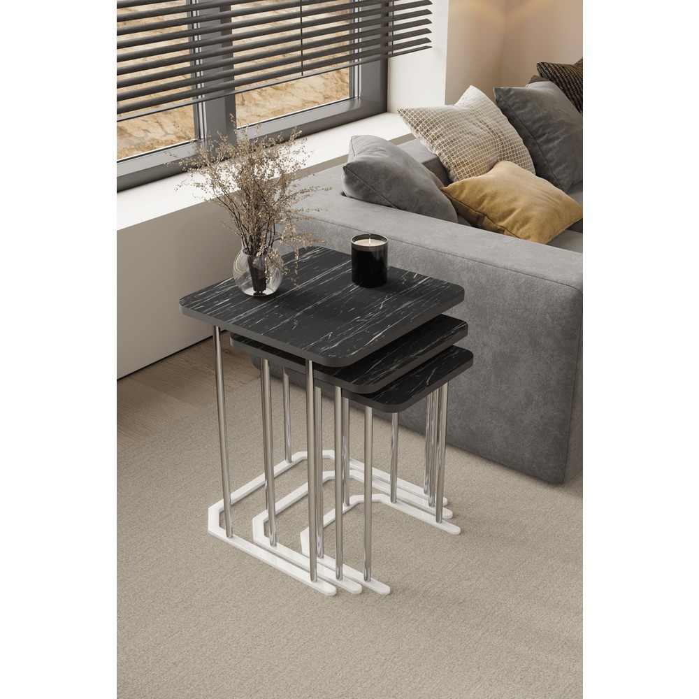 3' Lü Kare Zigon Sehpa Gümüş Ayak Siyah Mermer Desen 18 mm Mdf
