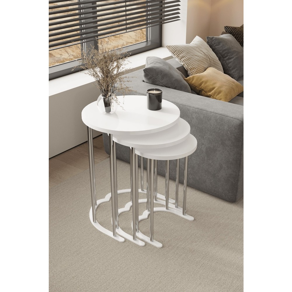 3' Lü Zigon Sehpa  Gümüş Ayak Siyah Mermer 18 mm Mdf