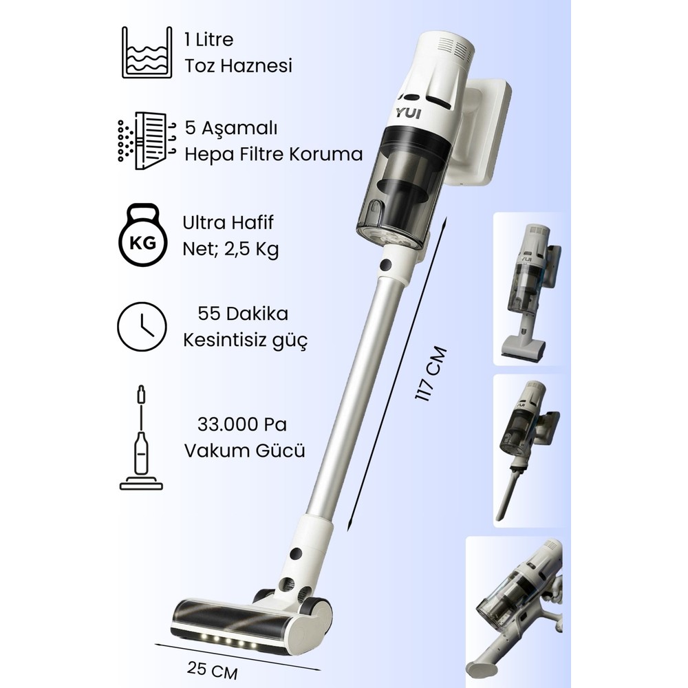 Yui DS17 Pro Max Şarjlı Dikey Süpürge 500 W Dc Motor Hepa Filtre 3 Kademeli Hız Ayarı Beyaz