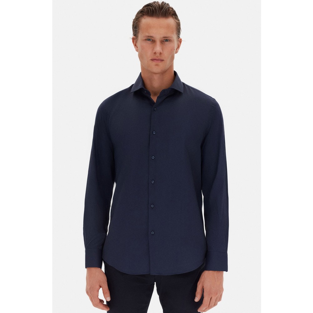 Slim Fit Lacivert Italyan Yaka Armürlü Uzun Kollu Kolay Ütülenebilir Nefes Alan Dört Mevsim Gömlek 2HF02ORT3185