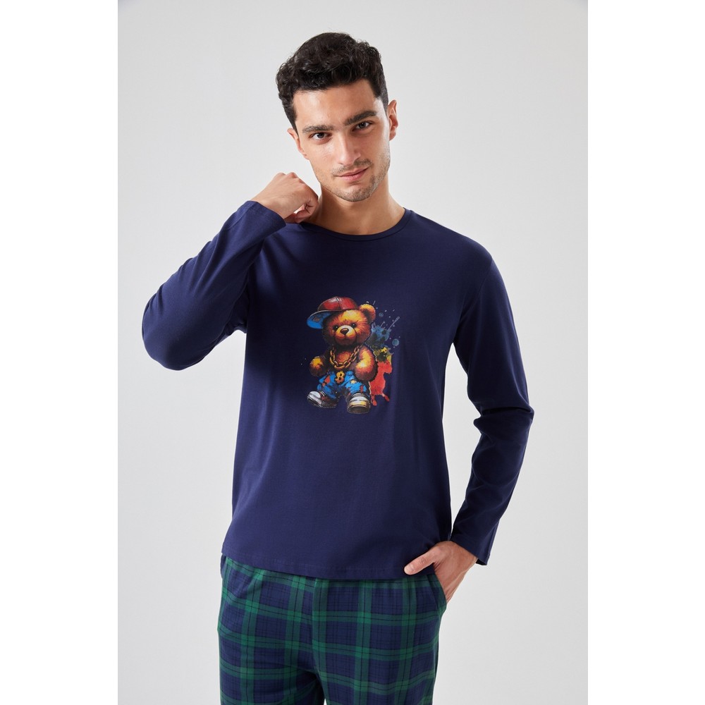 Erkek Pamuklu Ayıcık Baskılı Ekoseli Cepli Pijama Takımı