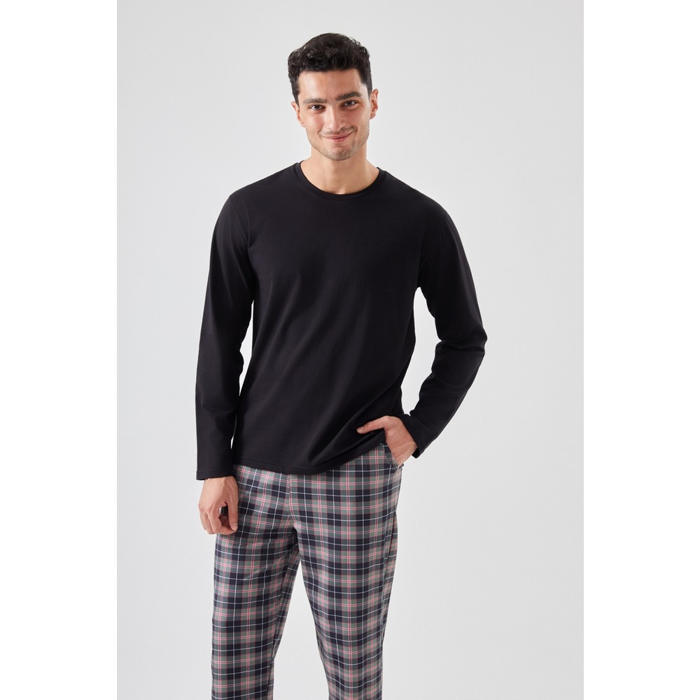 Erkek Pamuklu Uzun Kollu Yamalı Ekose Desenli Pijama Takımı