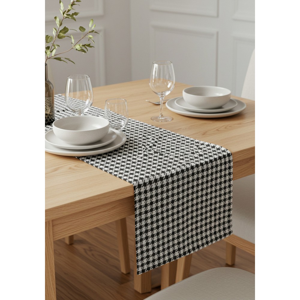 Siyah Beyaz Kazayağı Şık Masa Runnerı 50X150 cm – Modern ve Zarif Masa Örtüsü Runner