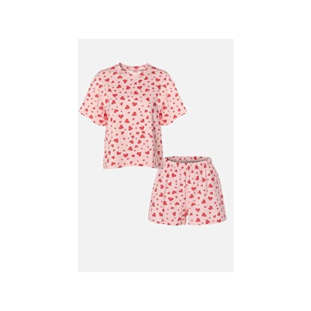 Koza İç Giyim Kadın Kırmızı Kalpli Kısa Kollu Pamuklu Pijama Takımı Basic Desenli Şortlu Rahat Kullanım