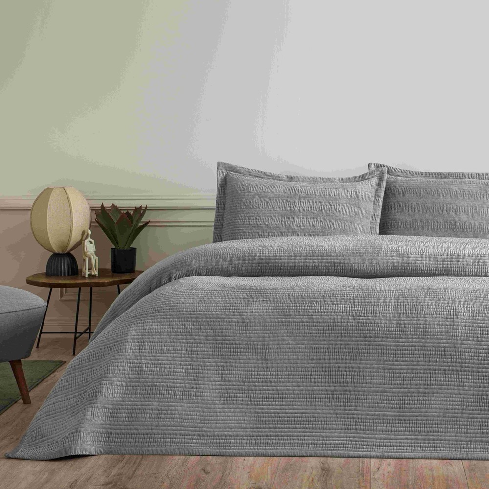 Linens Velona Gri Çift Kişilik Yatak Örtüsü Seti Geometrik Desenli Hava Geçirgen Polyester