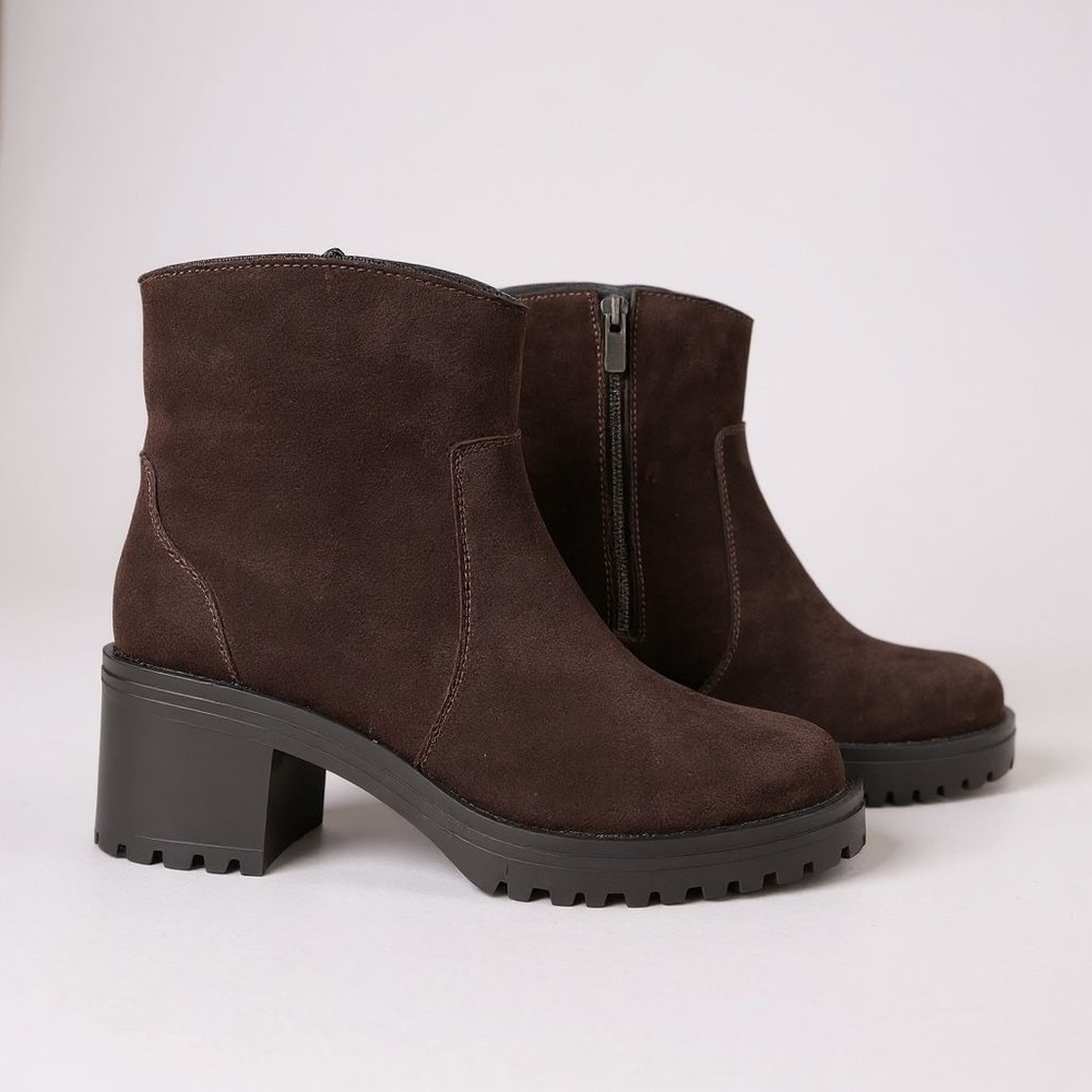 Ne&Ve Shoes Kahve Süet Hakiki Deri Fermuarlı Kadın Kalın Topuklu Bot