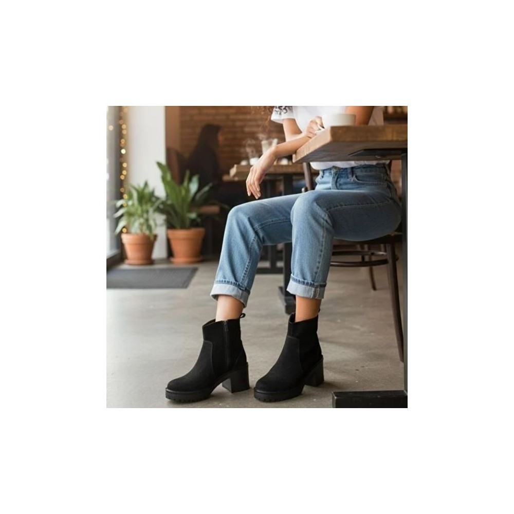 Ne&Ve Shoes Siyah Süet Hakiki Deri Fermuarlı Kadın Kalın Topuklu Bot