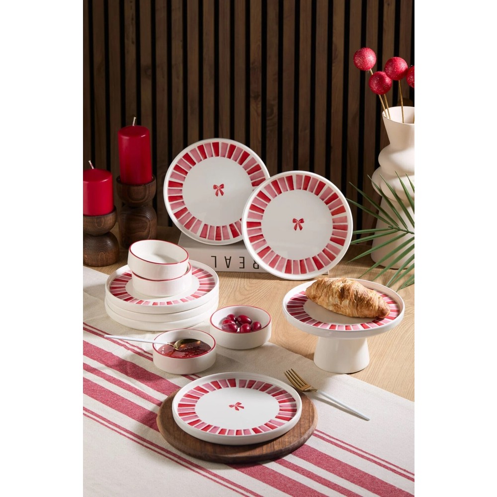 Kitchen Life 11 Parça Kurdelalı Kahvaltı Takımı 6 Kişilik Seramik Ribbon Ayaklı Sunum Standlı Set