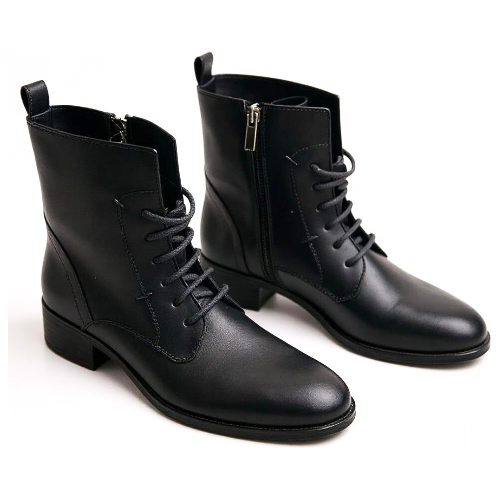 Ne&Ve Shoes Siyah Deri Bağcıklı Içten Fermuarlı Kadın Topuklu Bot