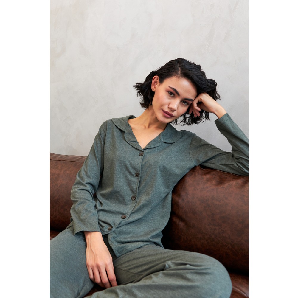Akbeniz Kadın Haki Düğmeli Pamuklu Pijama Takımı