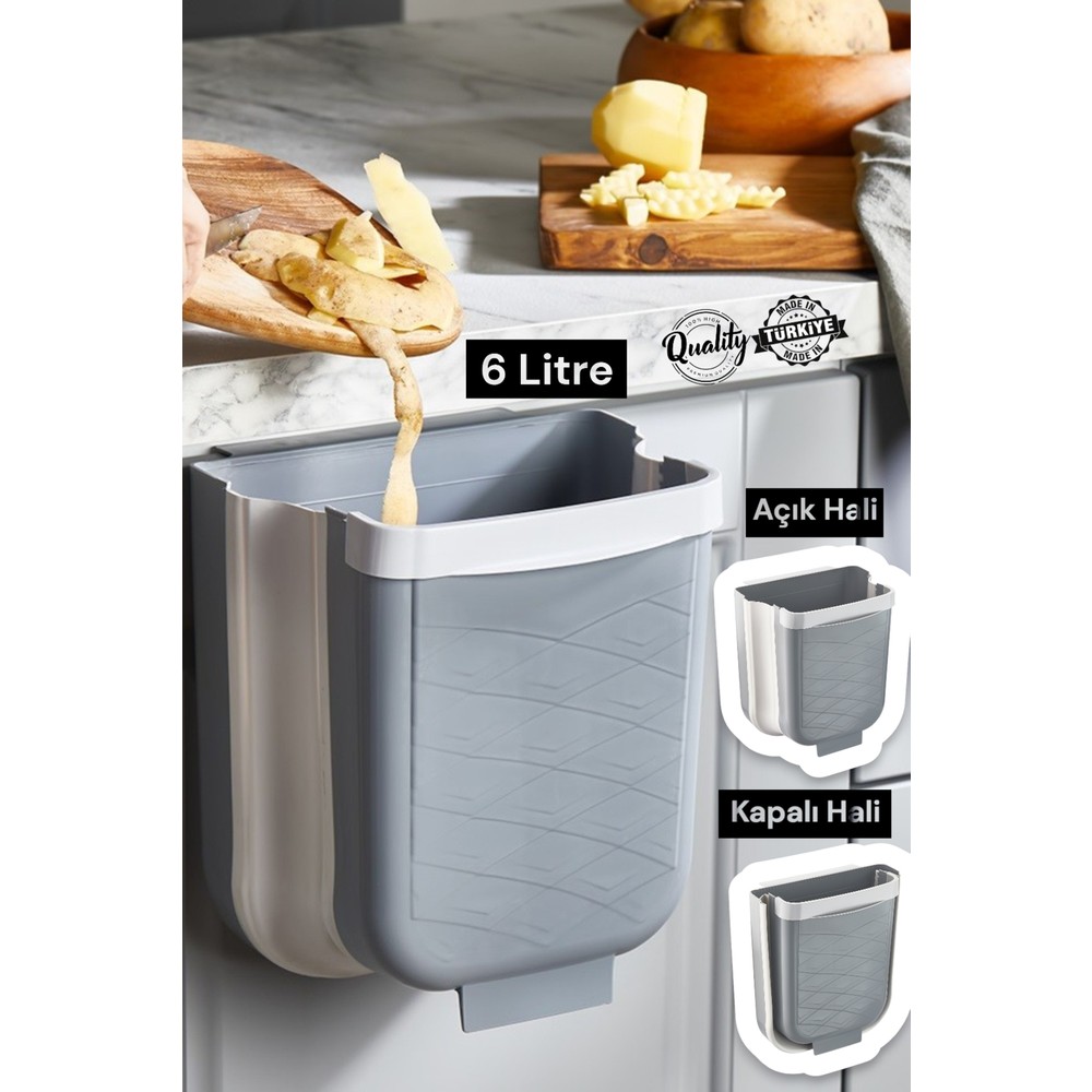 Muf Home Akordiyon Çöp Kovası 6 Lt Katlanabilir Plastik Soft Gri Düz Tasarım Çok Amaçlı Kullanım