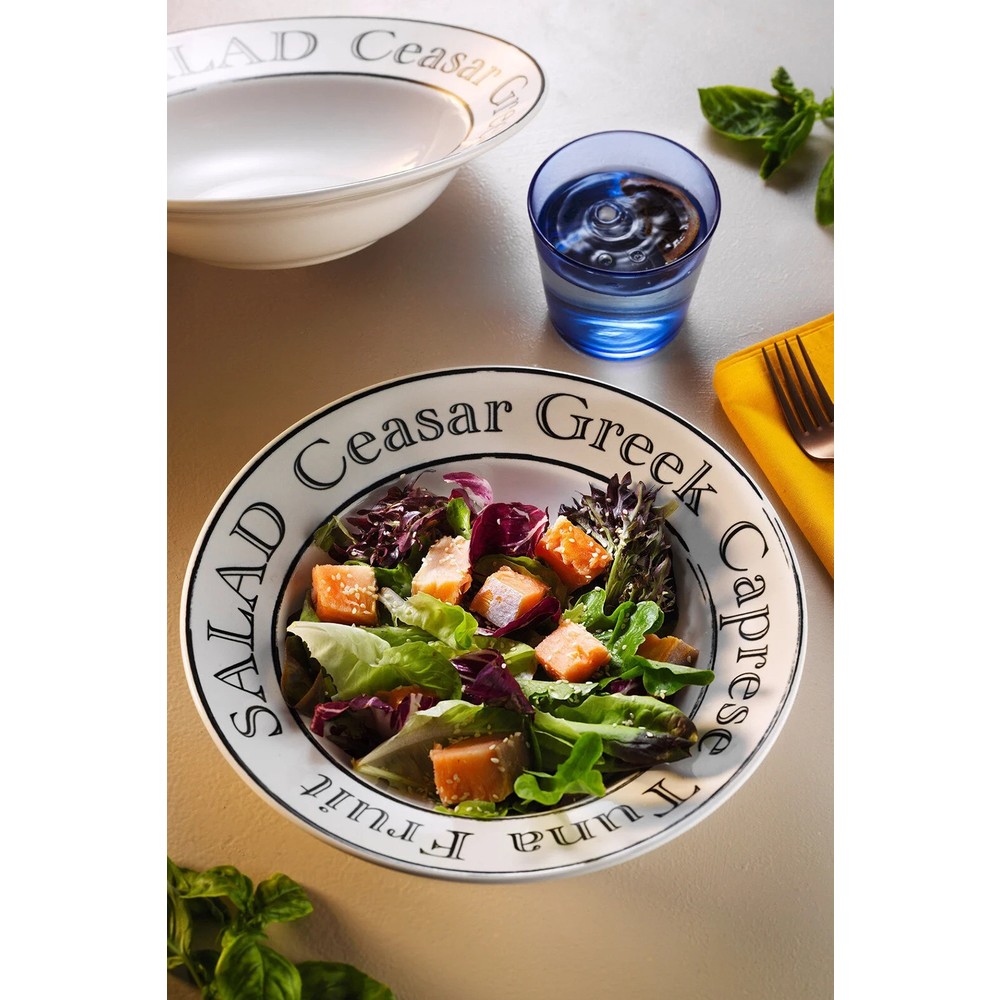 Grandora Şık Makarna ve Salata Tabağı 26 cm - Caesar, Greek, Caprese Tasarımlı Büyük Çukur Tabak