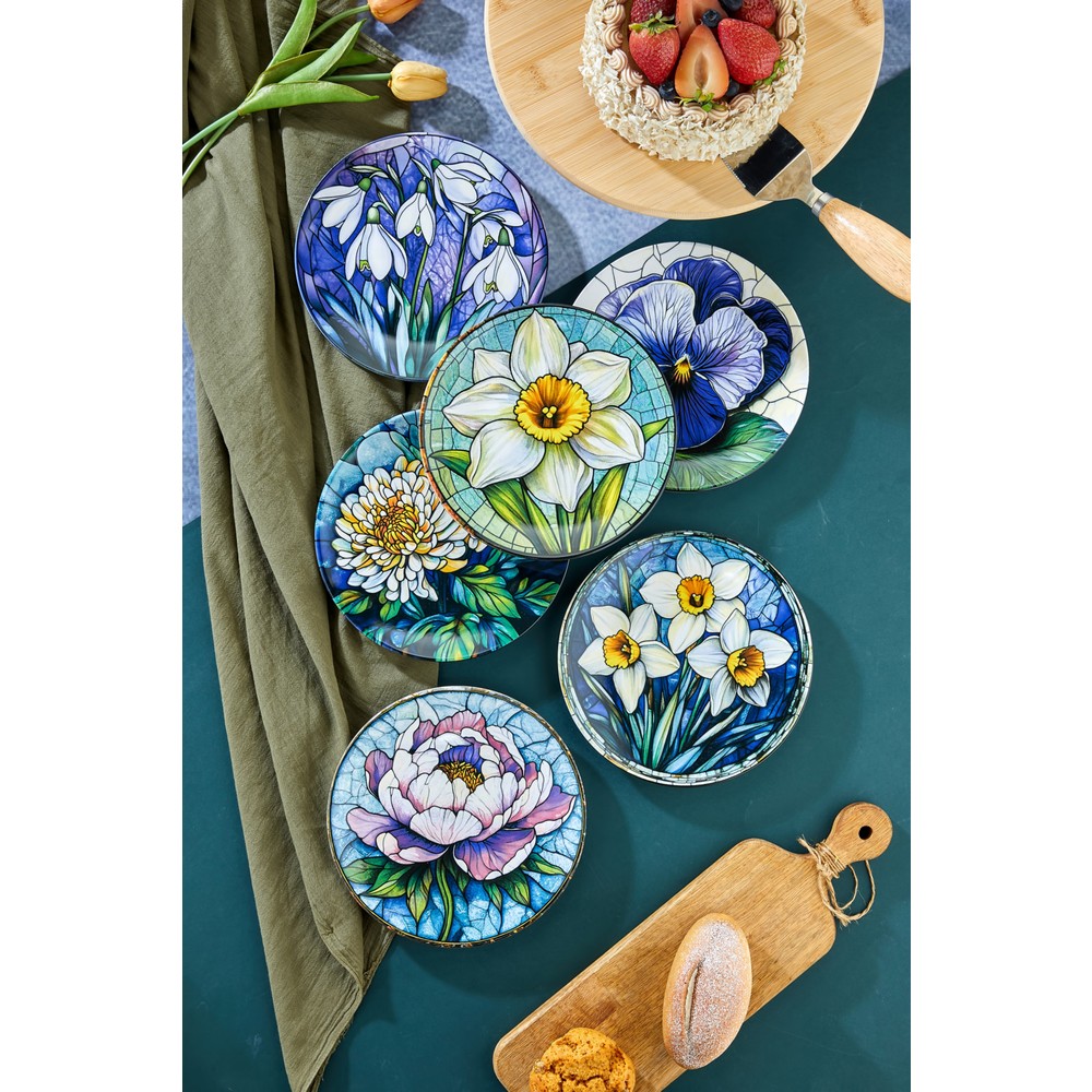 Grandora 6’lı Çiçek Desenli Pasta Tabağı Seti (20 CM) - Pasta ve Tatlı Tabak Seti