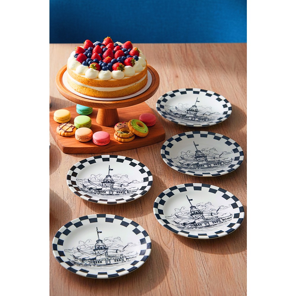 Grandora 6'lı Istanbul Galata Kulesi Desenli 20 cm Pasta Tabağı Seti – Şık Sunum Pasta Tatlı Tabakları