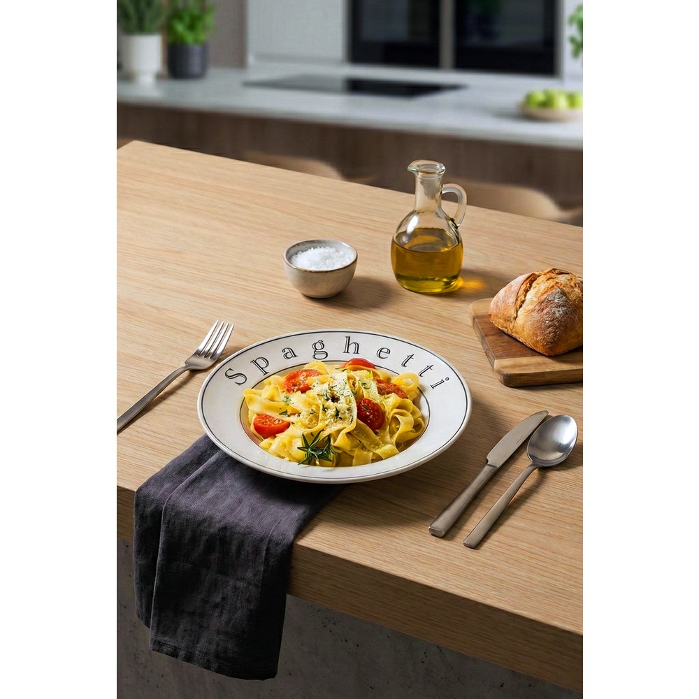 Grandora Makarna ve Salata Tabağı Kasesi Spaghetti Desenli (26 Cm) – Çukur Makarna Tabak, Yüksek Kalite