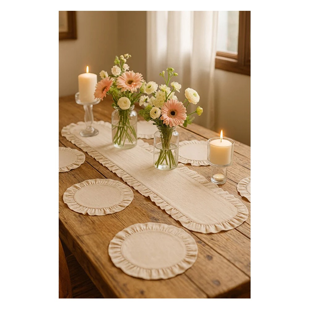 YUNUSOĞLU HOME Fırfırlı Siyah Runner ve Supla Takımı Pamuk-Polyester 7 Parça 120x40 cm Modern Desen